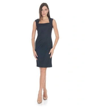 Elegant navy blue midi-length business dress with very fine stripes | Dresses - 1
