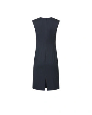 Elegant navy blue midi-length business dress with very fine stripes | Dresses - 4