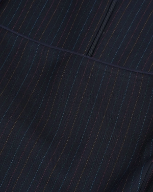 Elegant navy blue midi-length business dress with very fine stripes | Dresses - 5