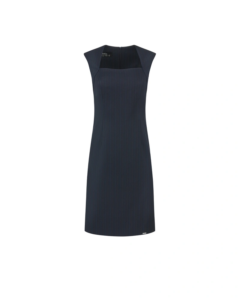 Elegant navy blue midi-length business dress with very fine stripes | Dresses