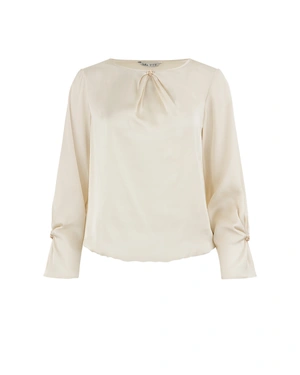 Elegant satin blouse in ecru with a relaxed silhouette and statement cuffs | Blouses | Dika.bg - 1 Elegant satin blouse in ecru with a relaxed silhouette and statement cuffs | Blouses - 1