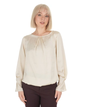 Elegant satin blouse in ecru with a relaxed silhouette and statement cuffs | Blouses | Dika.bg - 2 Elegant satin blouse in ecru with a relaxed silhouette and statement cuffs | Blouses - 2
