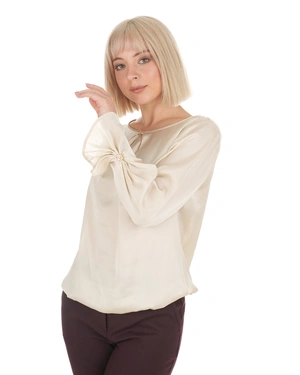 Elegant satin blouse in ecru with a relaxed silhouette and statement cuffs | Blouses | Dika.bg - 3 Elegant satin blouse in ecru with a relaxed silhouette and statement cuffs | Blouses - 3