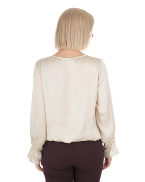 Elegant satin blouse in ecru with a relaxed silhouette and statement cuffs | Blouses | Dika.bg - 4 Elegant satin blouse in ecru with a relaxed silhouette and statement cuffs | Blouses - 4