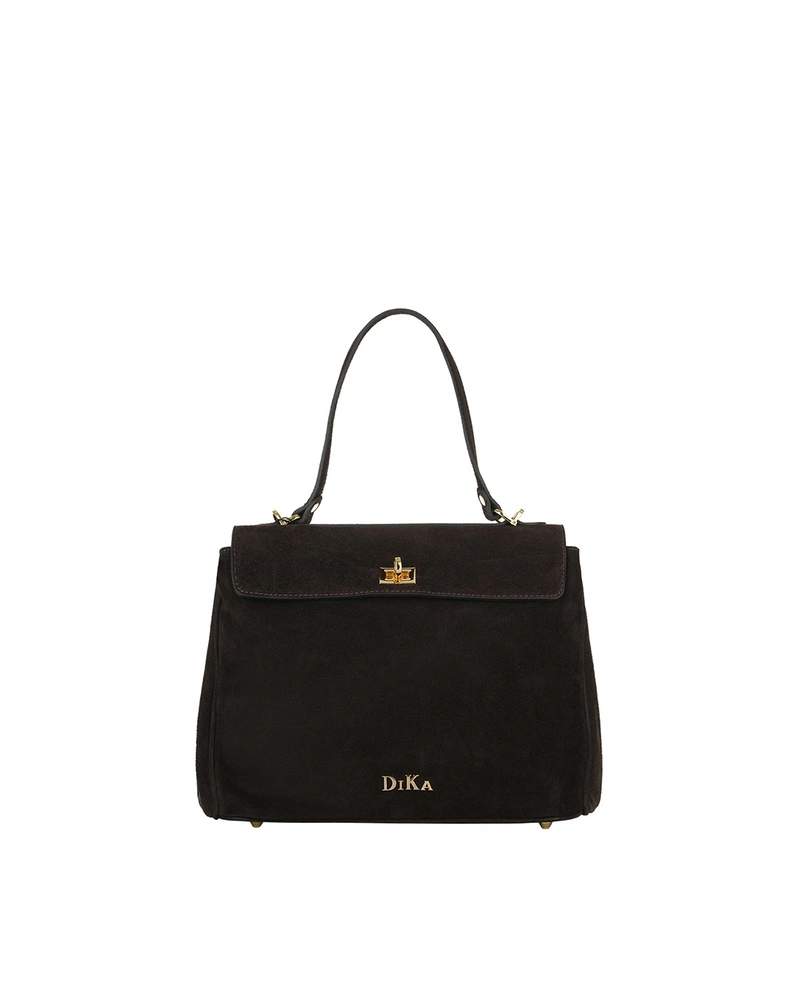 Elegant suede bag in dark brown with a flap | 