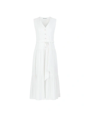 Elegant white viscose dress with belt and V-neckline | Dresses | Dika.ge Elegant white viscose dress with belt and V-neckline | Dresses