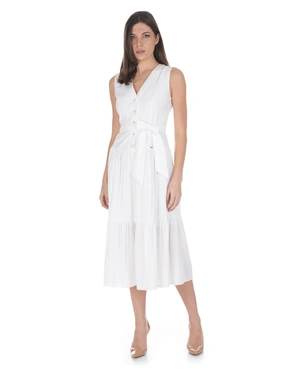 Elegant white viscose dress with belt and V-neckline | Dresses | Dika.ge - 1 Elegant white viscose dress with belt and V-neckline | Dresses - 1