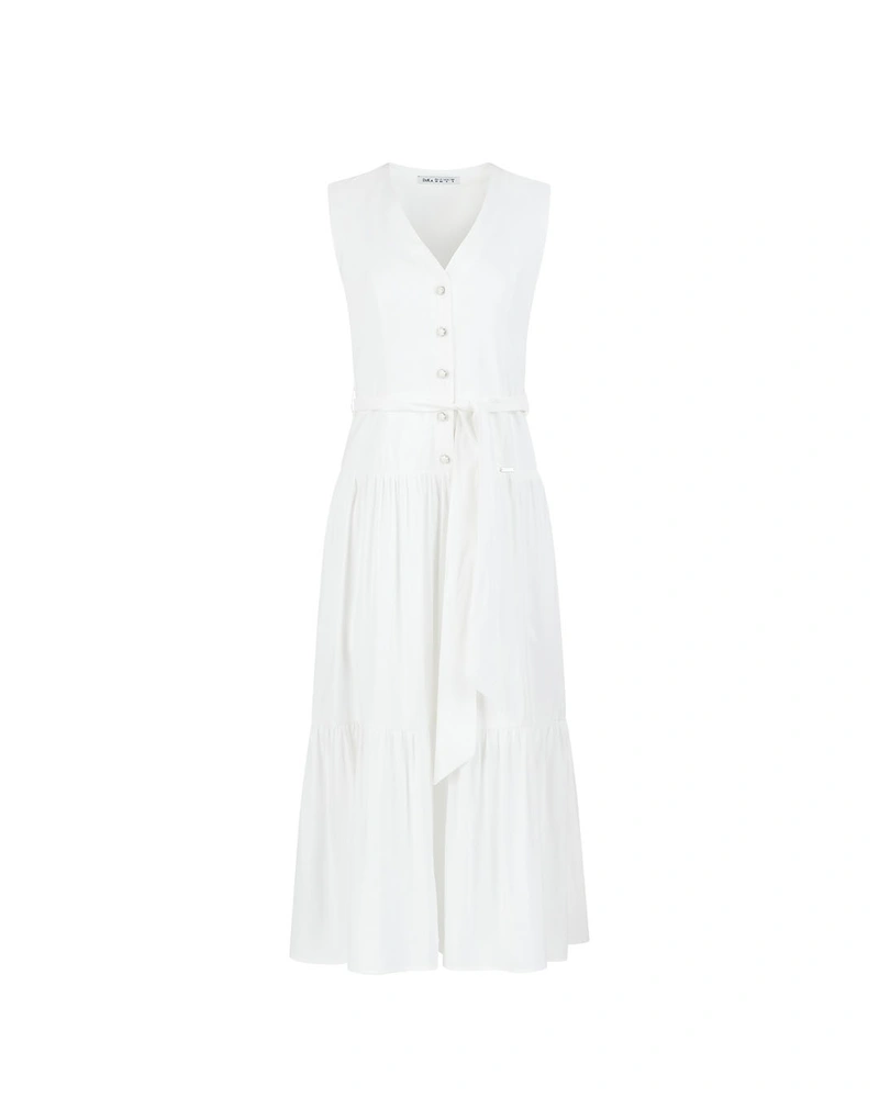 Elegant white viscose dress with belt and V-neckline | Dresses