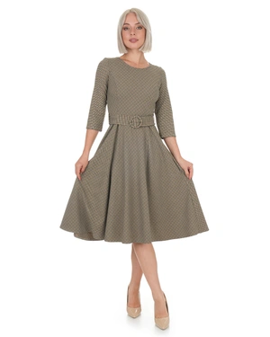 Feminine dress in fine beige check with defined waist | Dresses and Jumpsuits - 3
