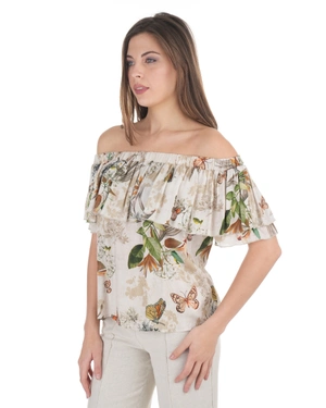 Fine viscose blouse with a tropical print and ruffle off-the-shoulder detail | Blouses - 2