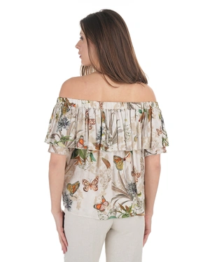 Fine viscose blouse with a tropical print and ruffle off-the-shoulder detail | Blouses - 3