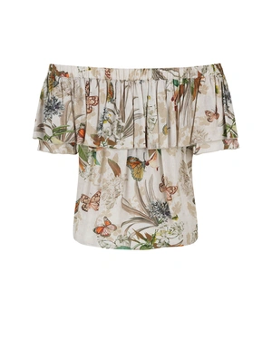 Fine viscose blouse with a tropical print and ruffle off-the-shoulder detail | Blouses - 4
