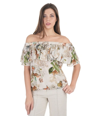 Fine viscose blouse with a tropical print and ruffle off-the-shoulder detail | Blouses - 6