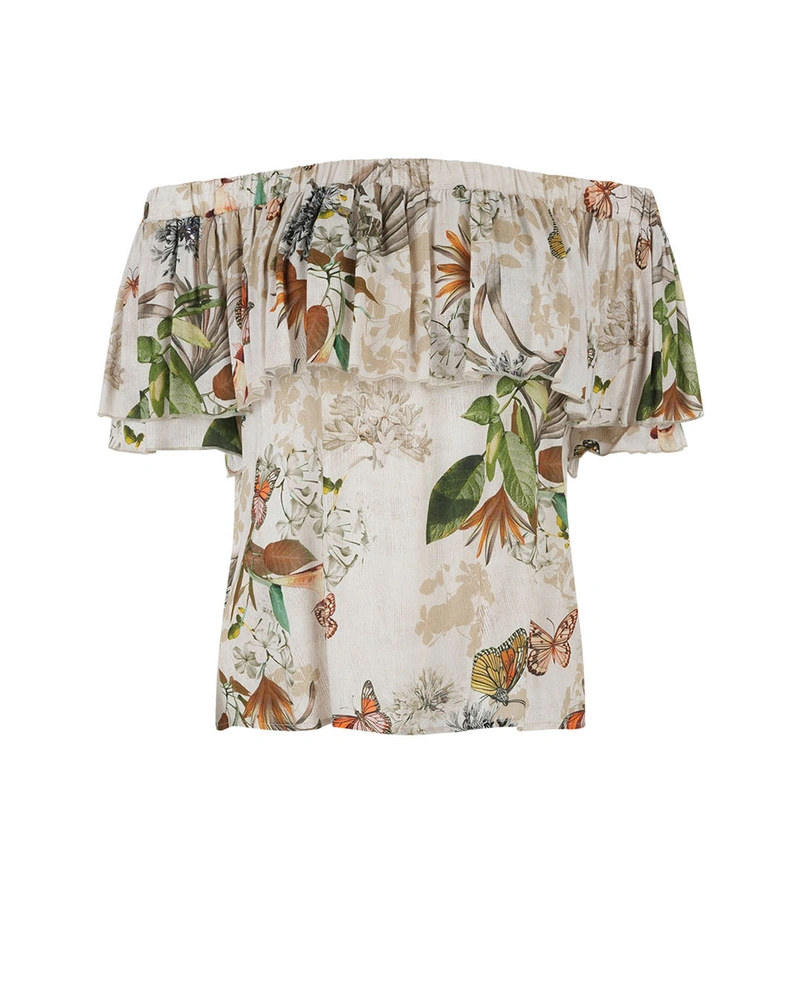 Fine viscose blouse with a tropical print and ruffle off-the-shoulder detail | Blouses