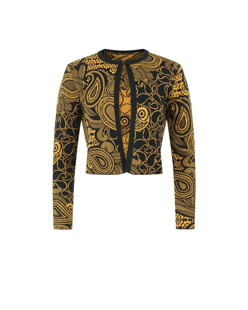 Fitted jacquard crop cardigan in black and mustard | Knitwear