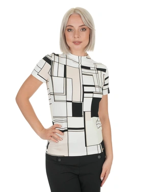 Fitted T-shirt with geometric motif in beige-black tones | Casual collection - 9