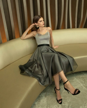Flared grey satin skirt with a black tulle overlay | Skirts and Shorts - 1
