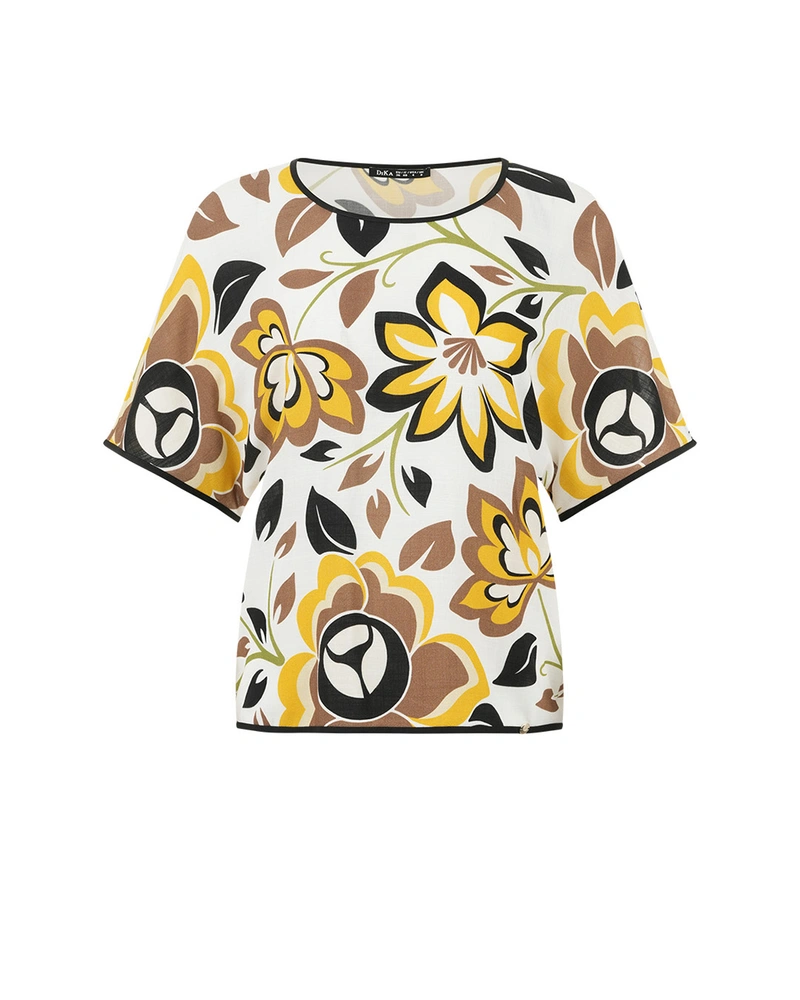 Floral blouse made of viscose, with short sleeves and a contrasting floral print | OUTLET SUMMER