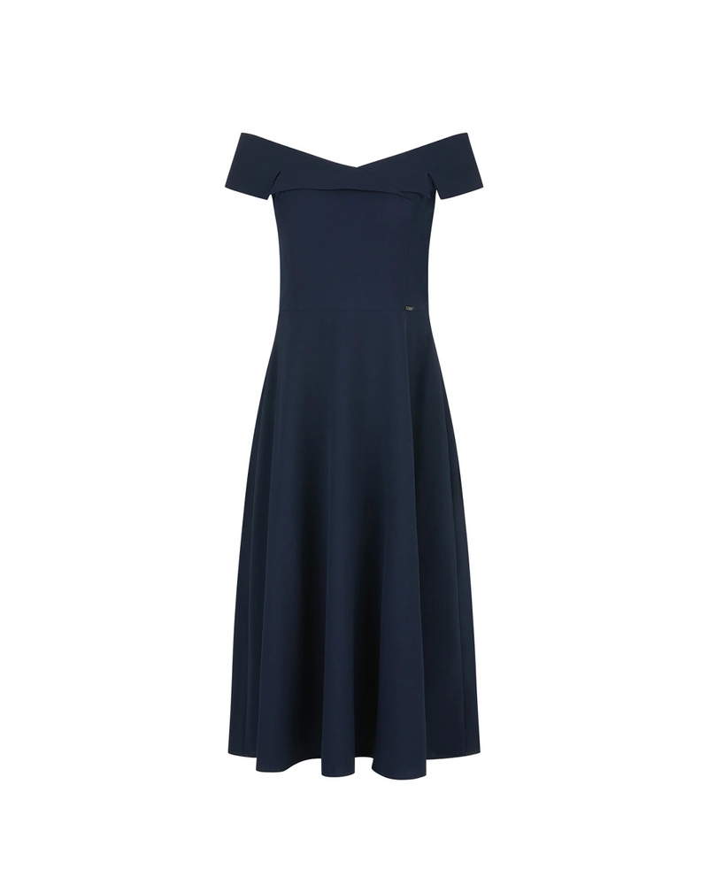 Rochie formală cu umăr căzut, de culoare bleumarin | Rochii