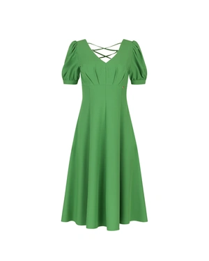 Green dress with short puff sleeves and high waist | All products | Dikastore.ro Green dress with short puff sleeves and high waist | All products