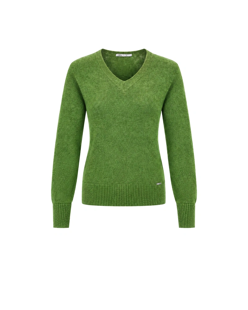 Green seamless wool sweater with a V-neck | Pullovers