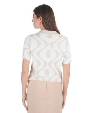 Jacquard blouse in beige and white with open collar | NEW - 12