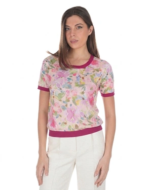 Knit top with a floral motif in cool tones and burgundy detailing | PRODUCTS - 8