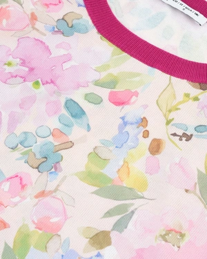 Knit top with a floral motif in cool tones and burgundy detailing | PRODUCTS - 12