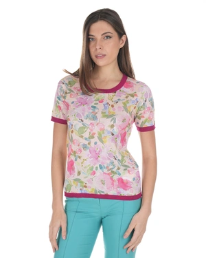 Knit top with a floral motif in cool tones and burgundy detailing | PRODUCTS - 13