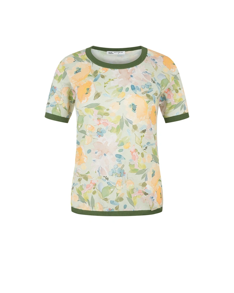 Knit top with a floral motif in warm tones and green detailing | Pullovers