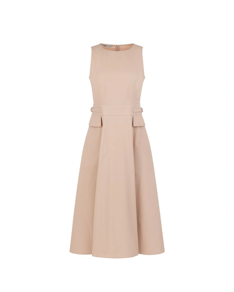 Light beige cotton dress with decorative flap pockets | Dresses