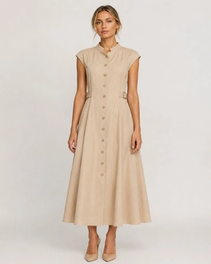 Light beige cotton shirt dress with shaping seams | Dresses | Dika.bg - 1 Light beige cotton shirt dress with shaping seams | Dresses - 1