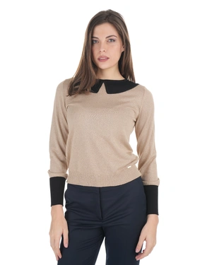 Light beige knit blouse with a black Peter Pan collar | Pulls - 1