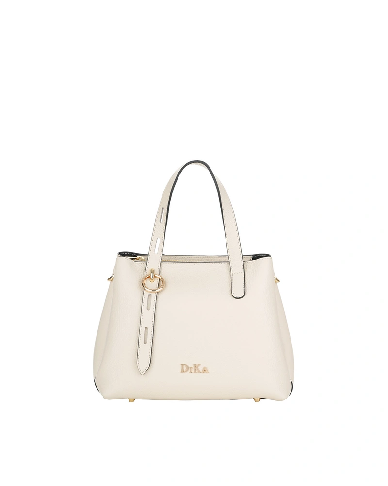 Light beige leather bag with two short handles and gold hardware | Bags