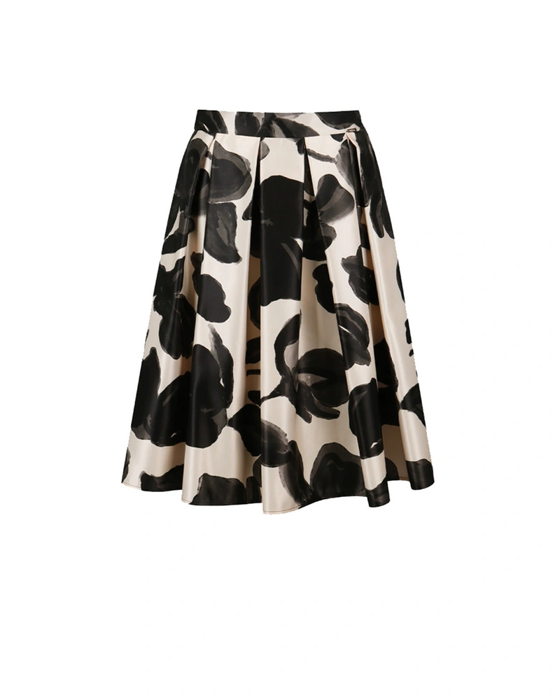 Light beige satin skirt with black floral print | Skirts and Shorts