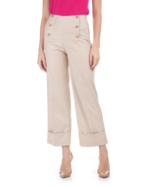 Light beige straight-leg trousers with cuffs and gold buttons | Trousers and Leggings - 1