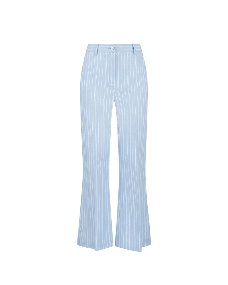 Light blue straight leg linen blend trousers with delicate stripes | Trousers