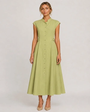 Light green cotton shirt dress with shaping seams | Dresses - 1