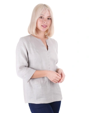 Light grey hemp blouse with 3/4 sleeves and round neckline, featuring buttons | Blouses and Shirts - 3