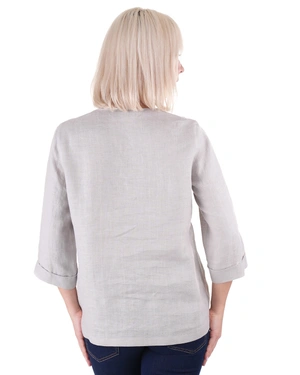 Light grey hemp blouse with 3/4 sleeves and round neckline, featuring buttons | Blouses and Shirts | Dika.test - 4 Light grey hemp blouse with 3/4 sleeves and round neckline, featuring buttons | Blouses and Shirts - 4