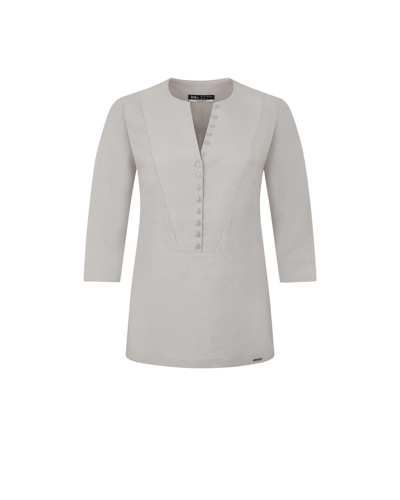 Light grey hemp blouse with 3/4 sleeves and round neckline, featuring buttons | Blouses and Shirts