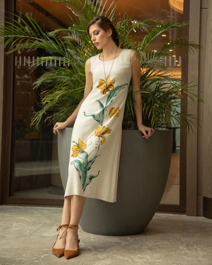 Linen and FSC viscose dress with floral motif | Dresses - 1