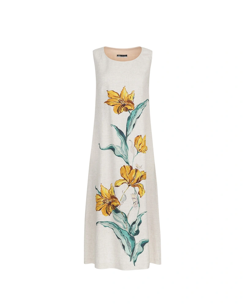 Linen and FSC viscose dress with floral motif | Dresses