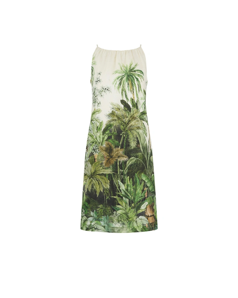 Linen dress with a tropical print and viscose lining | Dresses