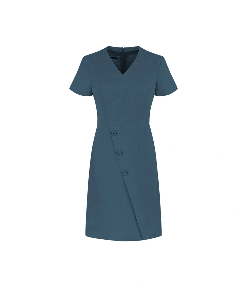 Linen safari-style dress in navy with asymmetric buttons | Dresses