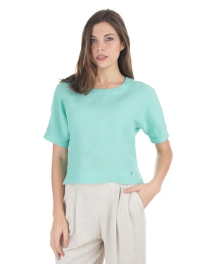 Linen short-sleeve blouse with clean-cut design in pastel green | Blouses - 1