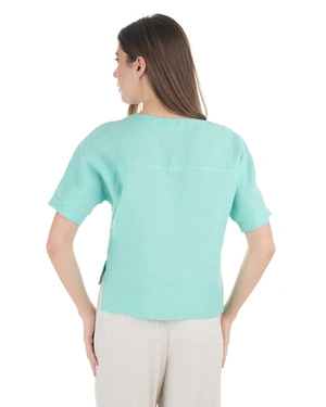 Linen short-sleeve blouse with clean-cut design in pastel green | Blouses - 3