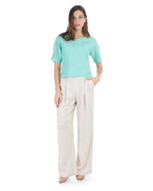 Linen short-sleeve blouse with clean-cut design in pastel green | Blouses - 4
