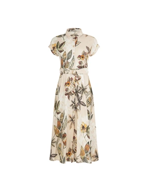 Long beige shirt dress with short sleeves and a floral pattern | Dresses - 6