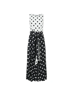 Long black and white viscose dress with contrasting dot pattern | Dresses - 6